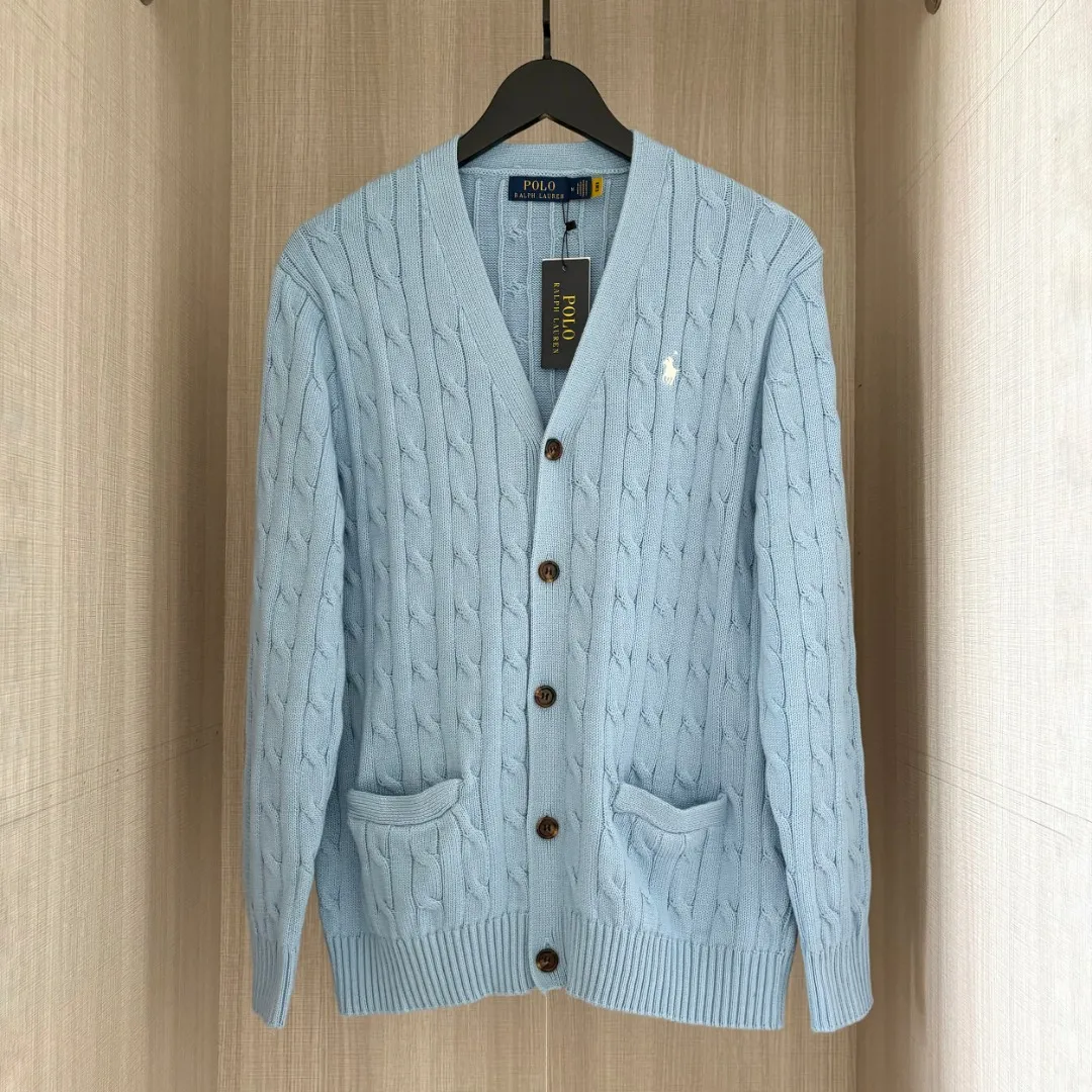 P250 RALPH LAUREN Ralph Lauren six-color classic small label embroidery V-neck long-sleeved button cardigan knitted sweater men's and women's couple tops Color: White Black Navy Gray Pink Blue Size: S M L XL Material: Cotton Weight: 720g